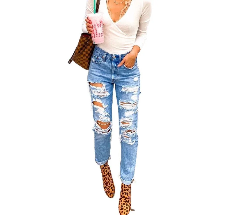 Women's High Waisted Skinny Destroyed Ripped Hole Denim Pants  Elegant Trouser Pants