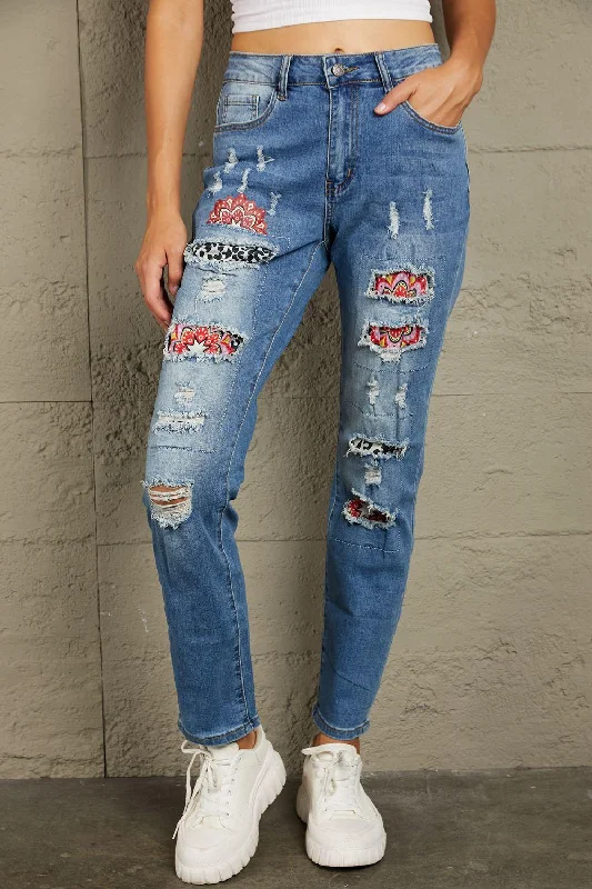 Baeful Leopard Patch Ankle-Length Jeans Chic Rolled Cuff Denim Jeans
