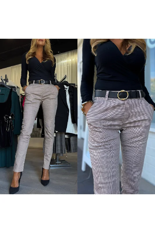 Bevy Flog Dafna Pants | Beige/Brown Checkered | Offered Online Only Trendy Printed Leggings