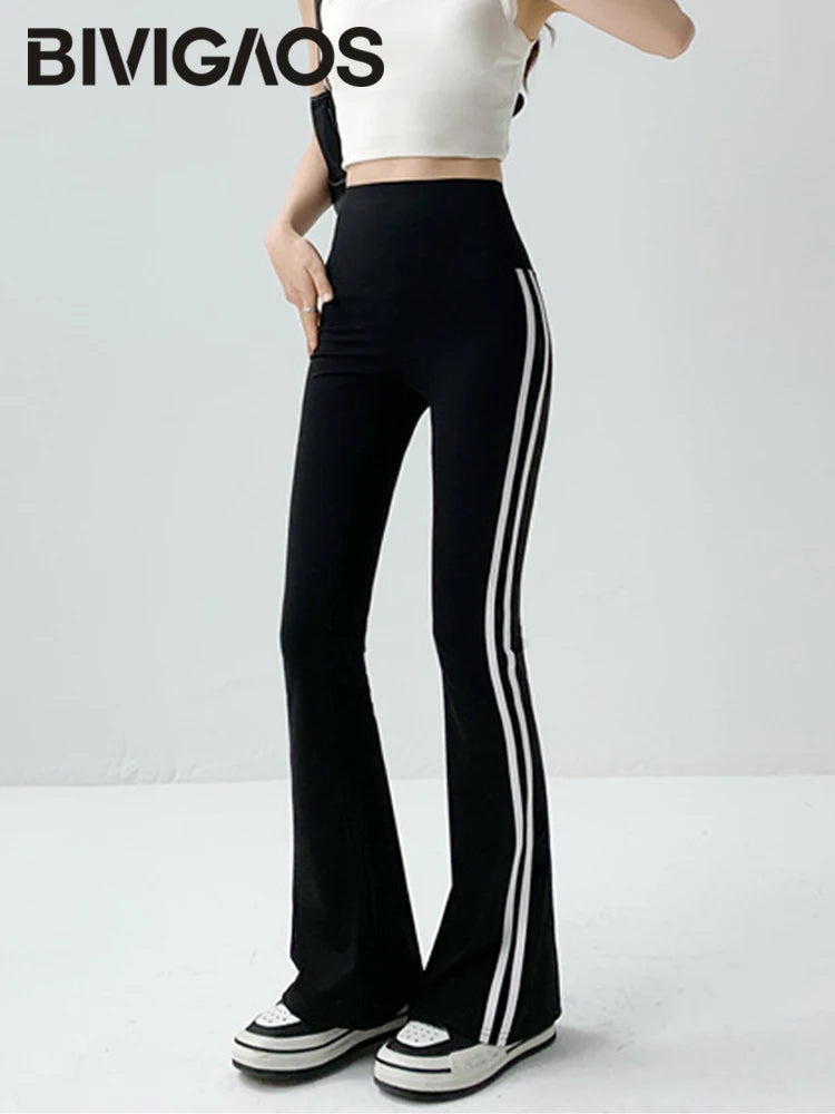 Striped Black Micro Flared Shark Pants Women High Waist Slim Sport Pocket Chic Faux Leather Pants