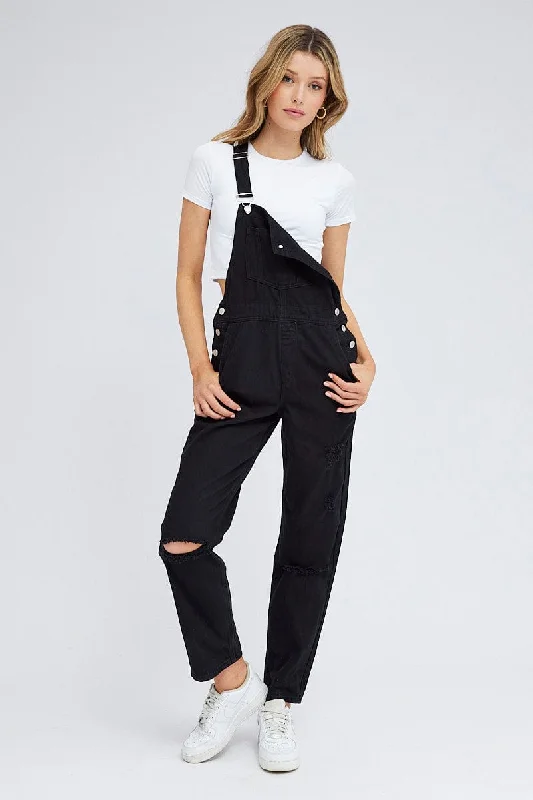 Black Overall Jeans Fashionable Distressed Jeans