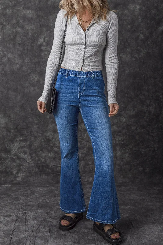 Low-rise Elastic Waist Flared Denim Blue Jeans Casual Distressed Skinny Jeans