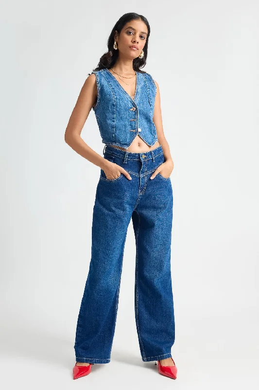 Dark Blue Straight Fit Jeans Stylish Stone-Wash Denim Jeans