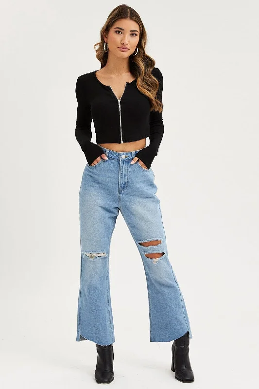 Blue Flare Denim Jeans Mid Rise Trendy Colored Denim Jeans