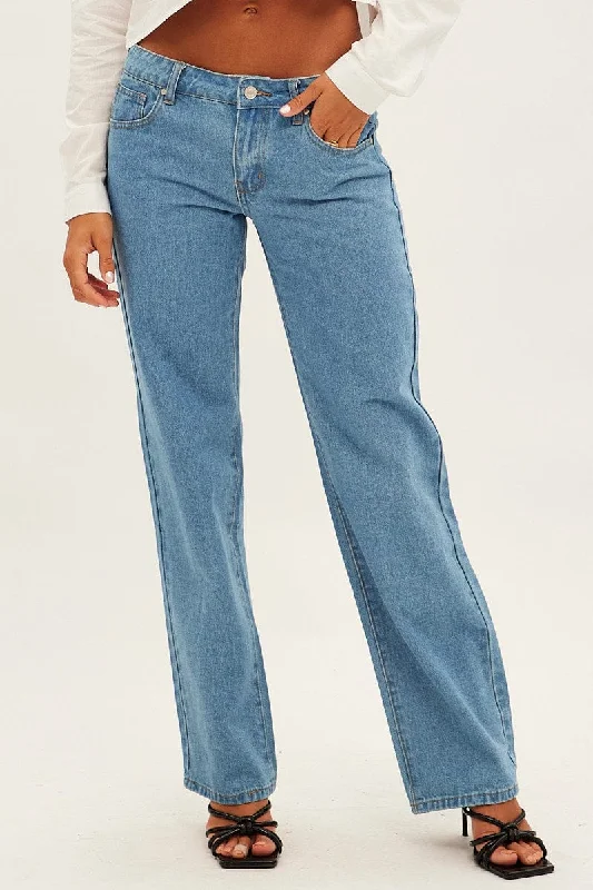 Blue Straight Denim Jeans Low Rise Fashionable Frayed Hem Denim