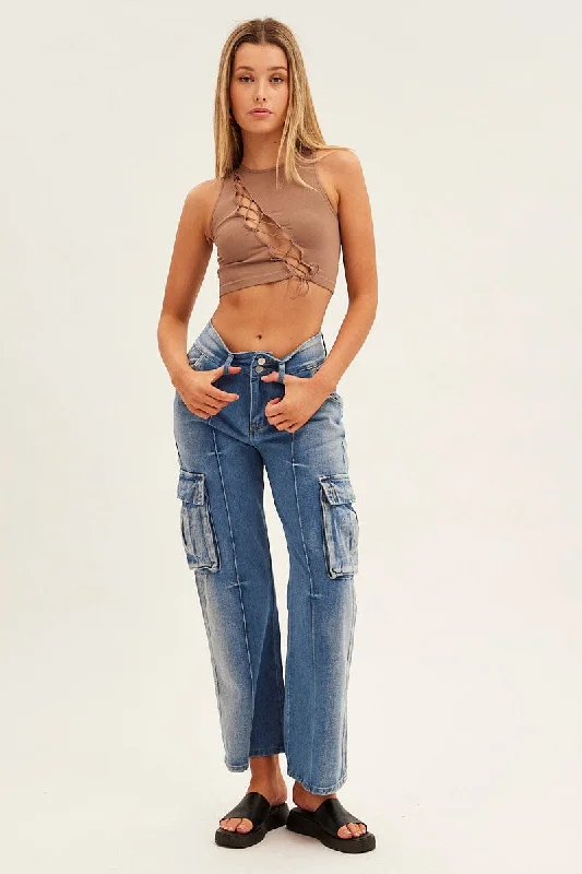 Blue Wide Leg Denim Cargo Pants Relaxed High-Waist Trousers