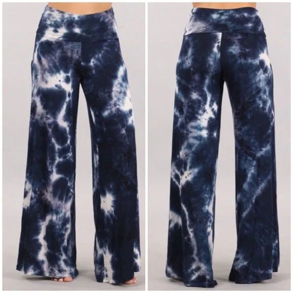 Bohemian Navy Tie Dye Foldover High Waist Wide Leg Palazzo Lounge Stretch Pants Comfy Athletic Pants