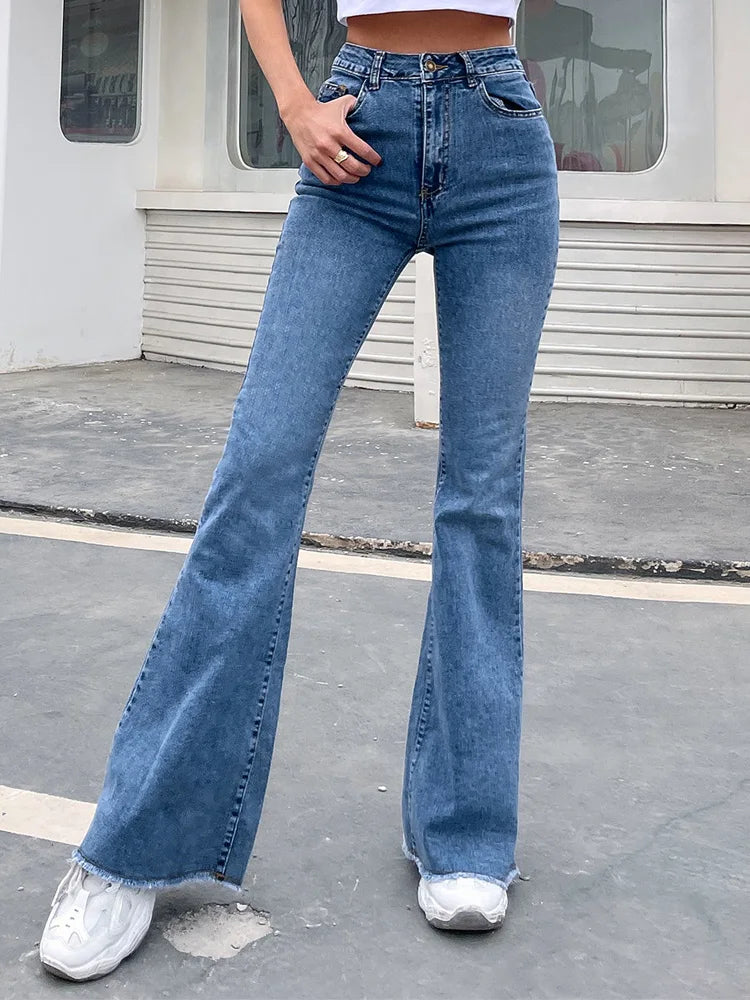 DressBetty - 2024 Button Fly Raw Hem Autumn High Waist Slim Flare Jeans Chic Rolled Cuff Denim Jeans