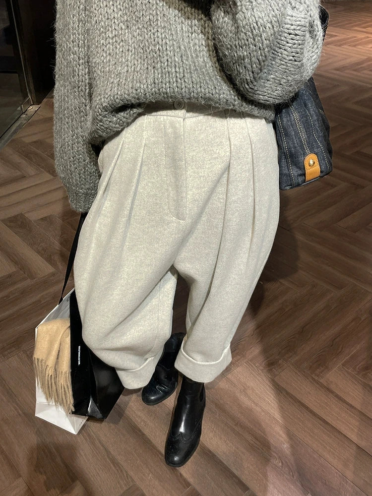 Women Casual Loose Pockets Woolen Suit Pants Relaxed Linen Pants