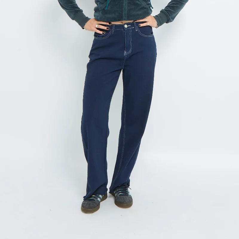 Contrast Stitch Straight Leg Jeans - UK 8 Chic Double Waistband Jeans