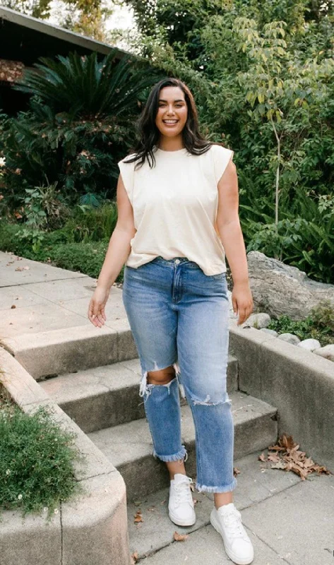 Curvy/ Plus High Rise Distressed Straight Leg Frayed Hem Jean Trendy Colored Denim Jeans