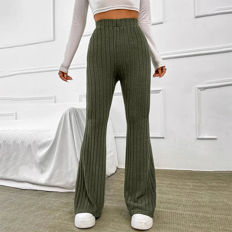 Solid Wide Pit Stripe Casual Knitted Wide-Legged Pants For Women Keep Soft Stretch Trousers