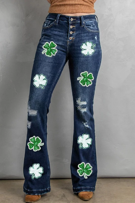 Distressed Lucky Clover Sequin Jeans Cozy Stretch High-Waist Jeans