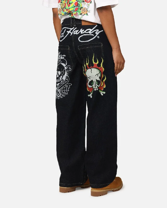 Ed Hardy Wide Leg Skull Jeans Dark Indigo Fashionable Frayed Hem Denim