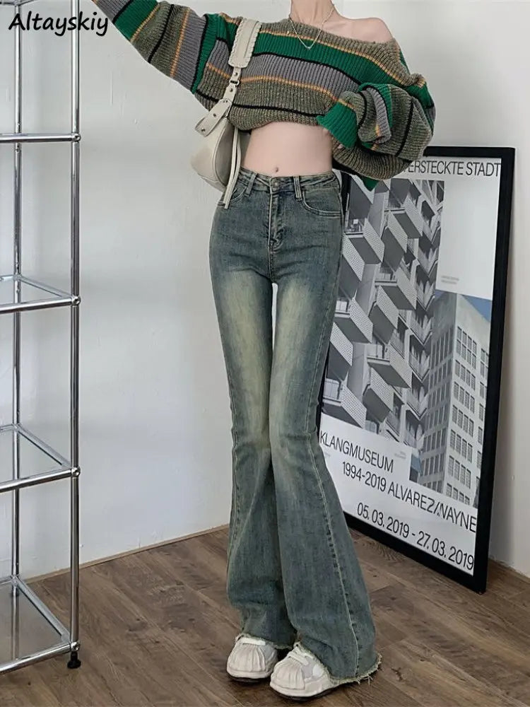 Flare Jeans Women Skinny High Waist Aesthetic Y2k Clothes Denim Trousers Fashionable Vintage Wash Jeans
