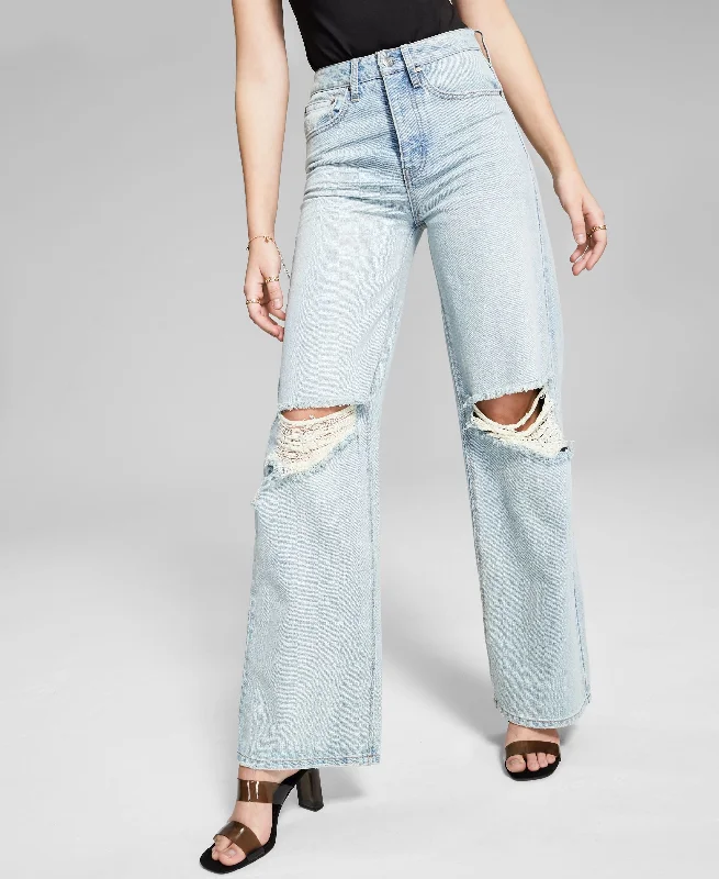 Frayed Cotton Wide-Leg Jeans Casual Light Wash Jeans