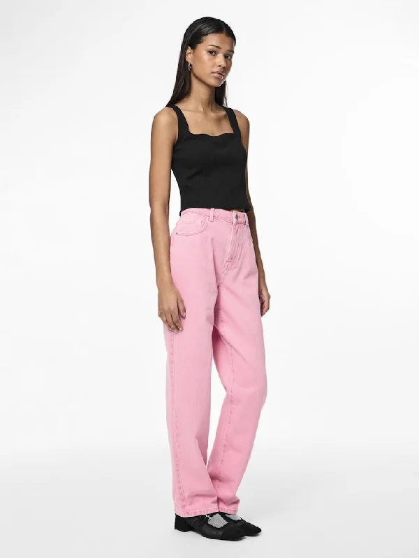 Fria High Waist Straight Denim Pants Candy Pink Washed Relaxed Fit Trousers