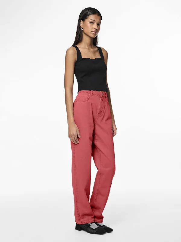 Fria High Waist Straight Denim Pants Red Washed High-Waist Trousers