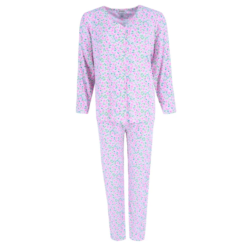 Gabriella Women's Button Up Long Sleeve & Pant Pink Floral Set Fashionable Button-Up Pants
