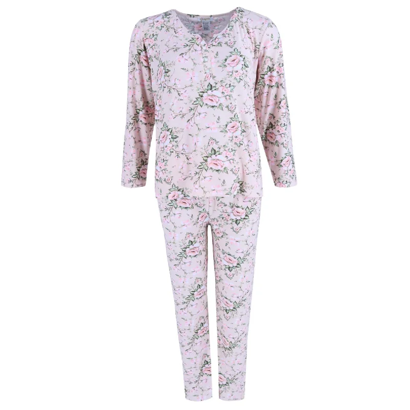 Gabriella Women's Long Sleeve & Pant Pink Floral Set Classic Straight-Leg Pants