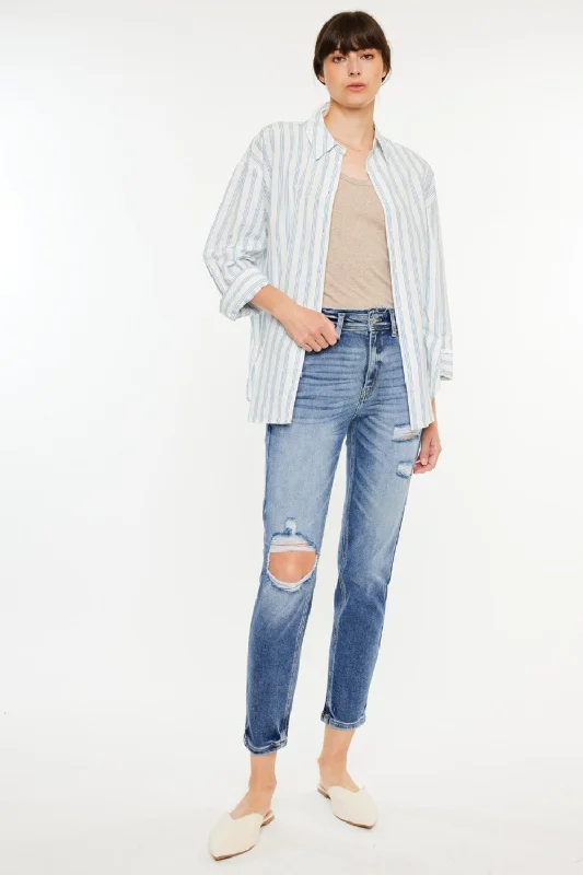 Kancan High Rise Distressed Mom Jeans Chic Double Waistband Jeans