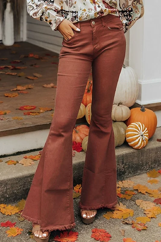 Mid-Rise Raw Hem Flare Jeans Casual Straight-Leg Jeans