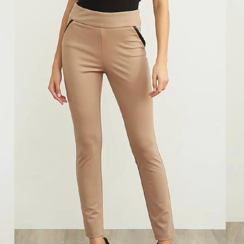 Joseph Ribkoff Beige/Black Leather Trim Pant Soft Cotton Pants