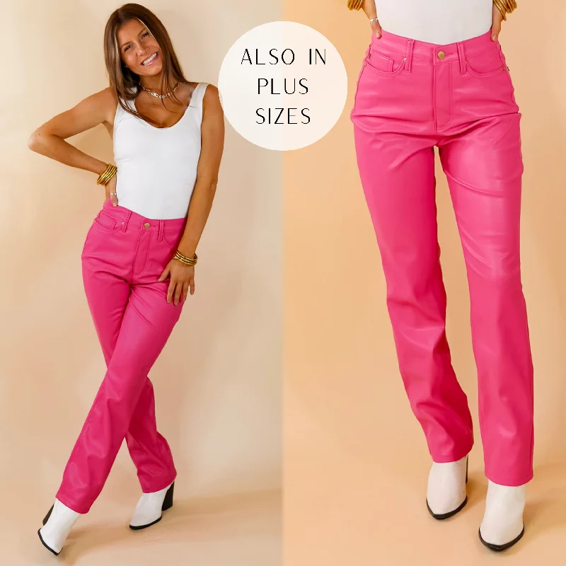Judy Blue | Let's Go Party Faux Leather Tummy Control Straight Leg Pants in Hot Pink (Lots of Sizes) Comfortable Denim Pants