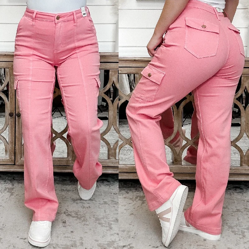 Judy Blue Tessa High Rise Cargo Straight Leg Pink Jeans Chic Ripped Jeans