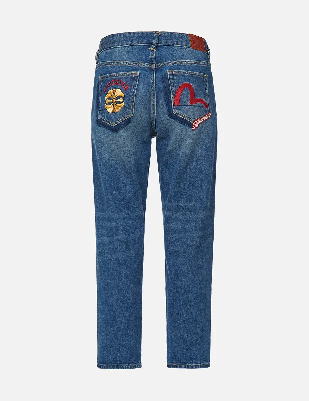 Kamon and Seagull Embroidered Relax-Cut Denim Jeans Chic Faded Blue Jeans