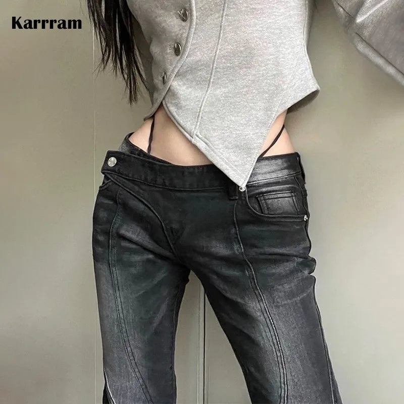 Vintage Distressed Low Waist Jeans Grunge Asymmetrical Waist Denim Pant Trendy Skinny Fit Jeans