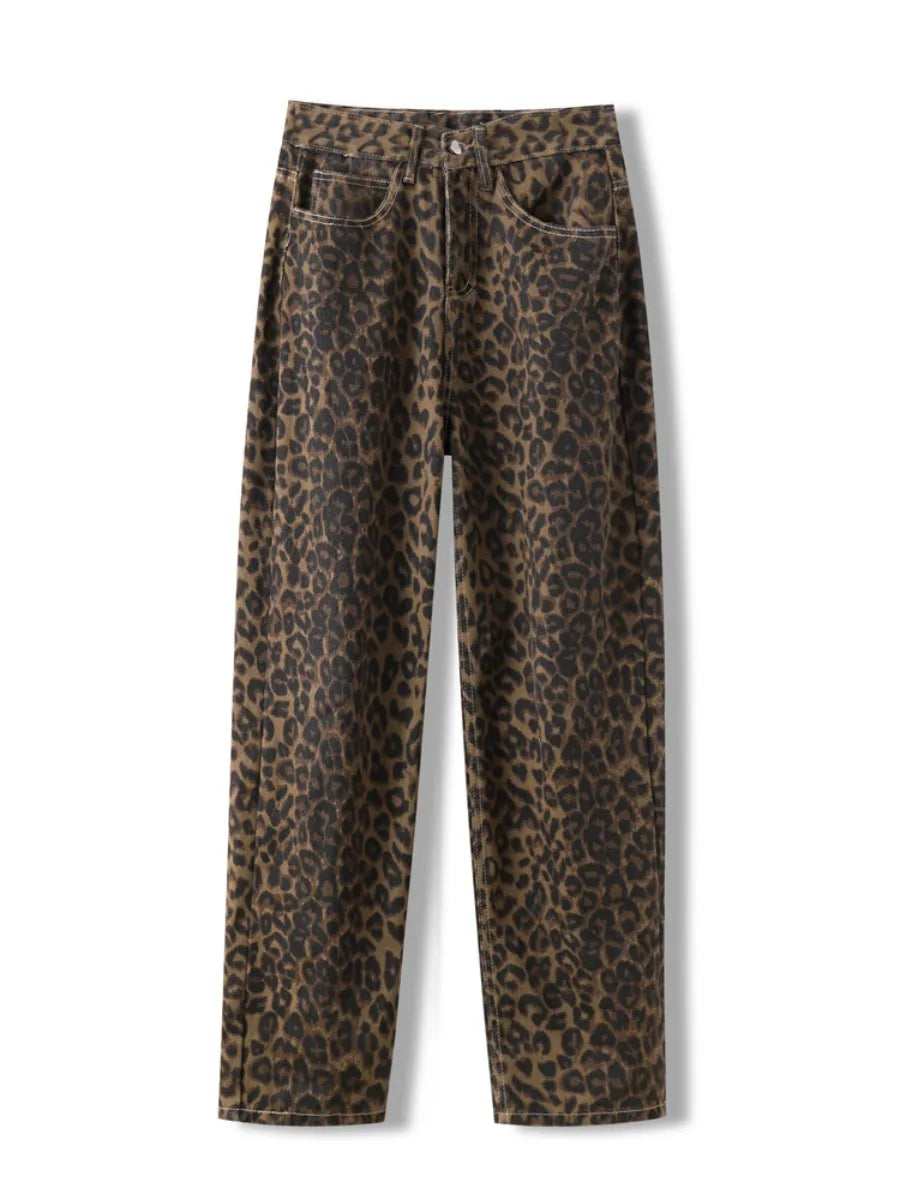Leopard Print Jeans for Women High Waisted Y2k Retro Fashion Streetwear Denim Pants Casual Distressed Denim Jeans