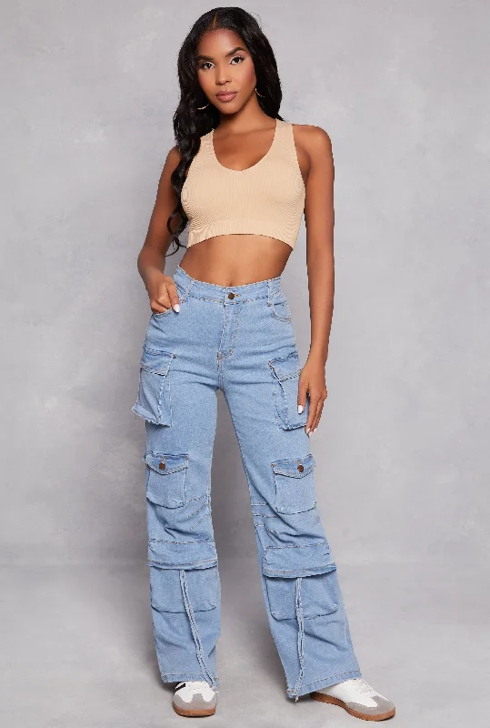 Daisy Denim High Waisted Cargo Pants Chic Faux Leather Pants