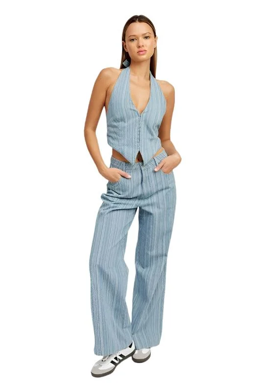Light Blue Pinstripe Mid Rise Wide Leg Pants Casual Sweatpants Style