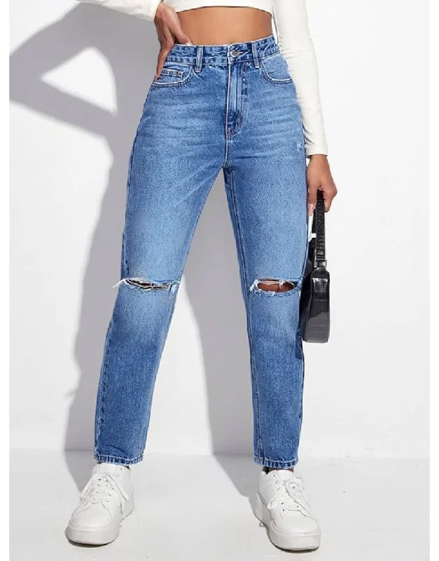 Mom Comfort Ultra High Jeans Knee Ripped Stylish Plus Size Denim Jeans
