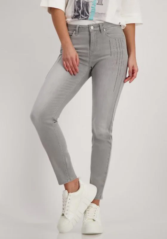 Monari Rhinestone Elements Skinny Jeans, Gray Trendy Cut-Off Denim Shorts