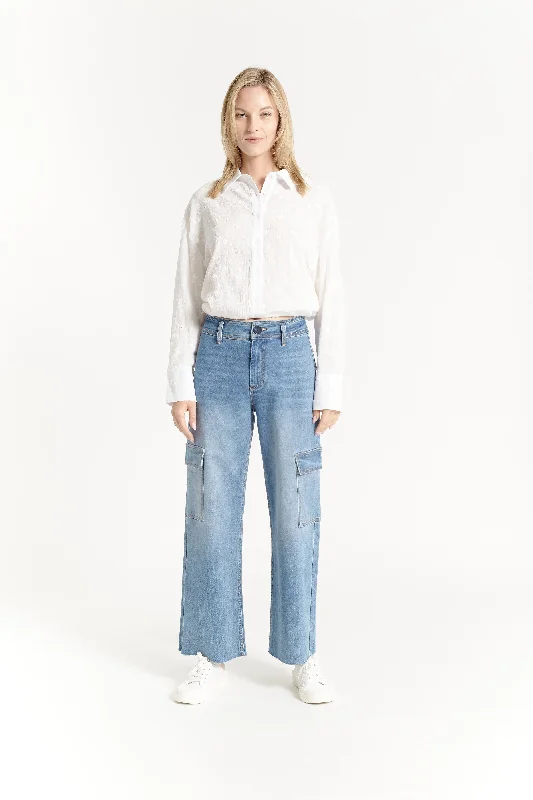 OAT High Rise Raw Hem Cargo Pant Comfy High-Waist Jeans