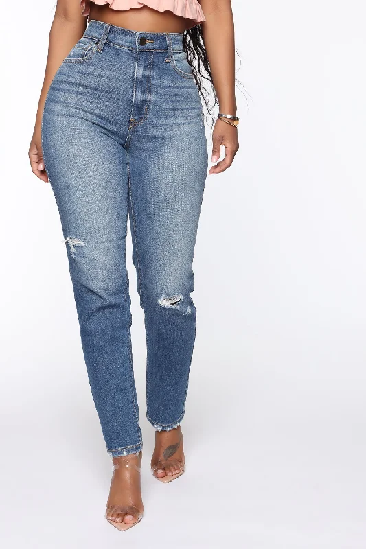 Pick Up Your Mess Distressed Mom Jeans - Medium Blue Wash Stylish Tapered Fit Jeans