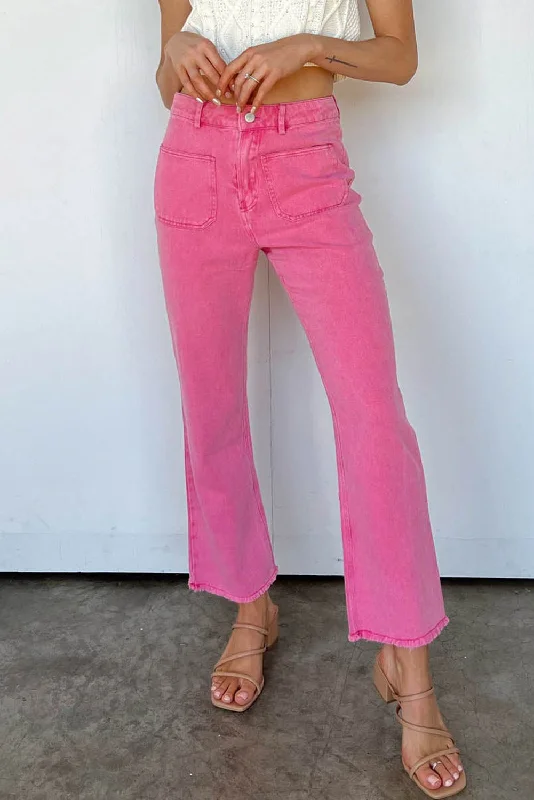 Pink Raw Hem Light Wash Flare Mid Rise Pants Trendy Velvet Pants