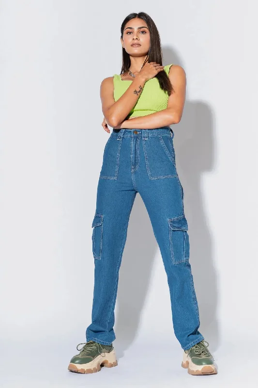 Mid Blue Cargo Utility Jeans Chic Faded Blue Jeans