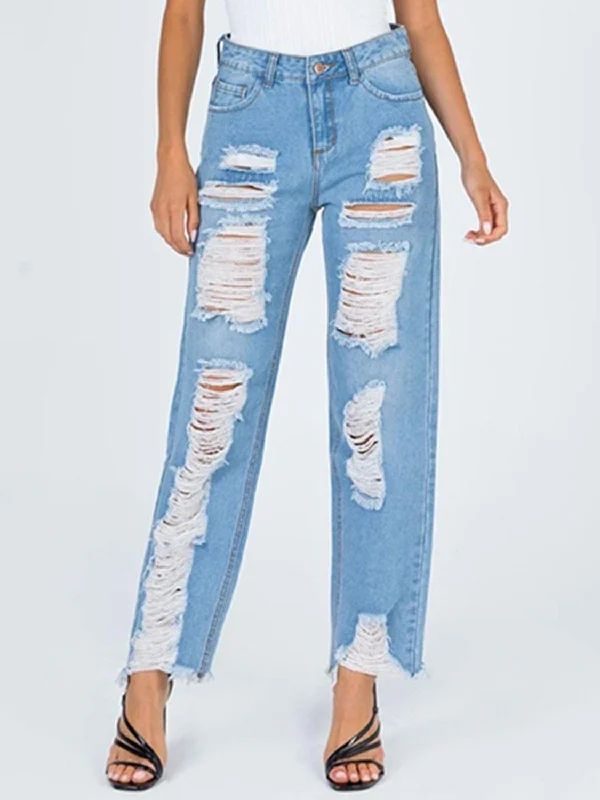 Raw Hem Distressed Straight Jeans Comfortable Full-Length Denim Jeans