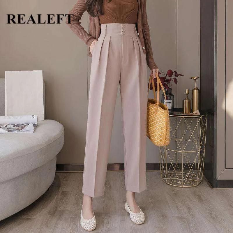 REALEFT Elegant Office Lady Pants Comfy Cargo Trousers