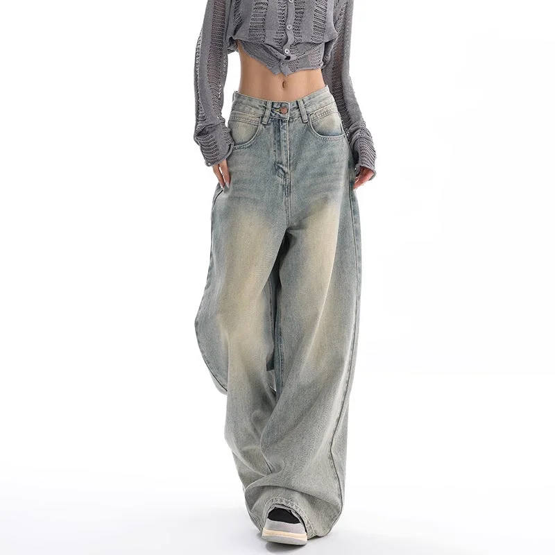 Retro Denim American Style Loose Slimming Mop Wide Leg Pants Elegant Silk Pants