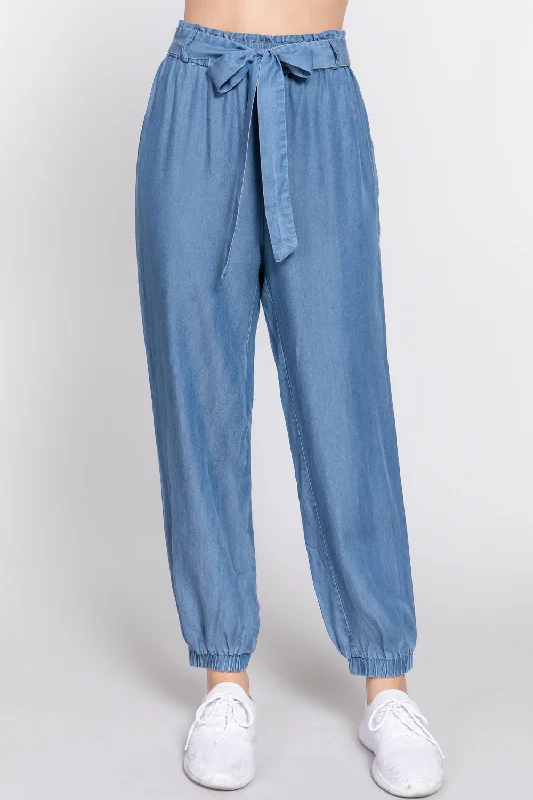 Ribbon Tie Denim Jogger Pants - Ships from The US Warm Wool Trousers