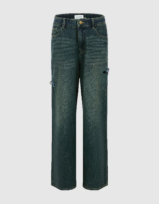 Ripped Wide-Leg Jeans Chic Double Waistband Jeans