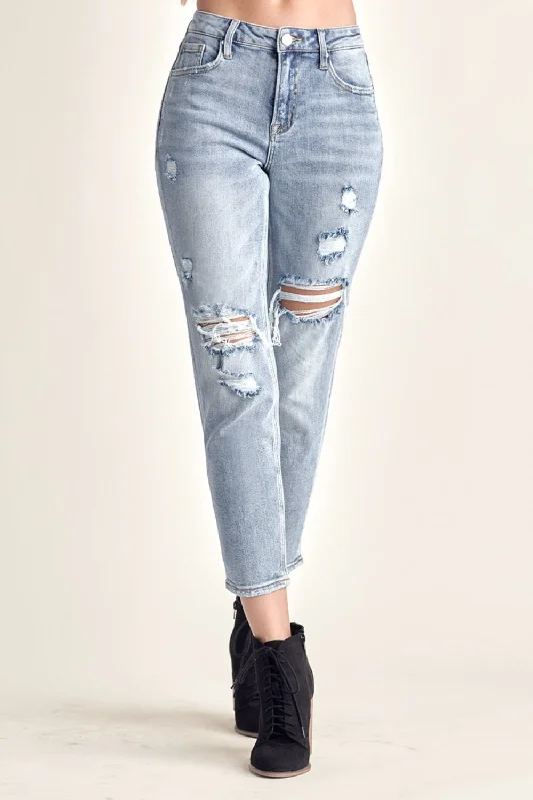RISEN Distressed Slim Cropped Jeans Elegant High-Waisted Flared Jeans