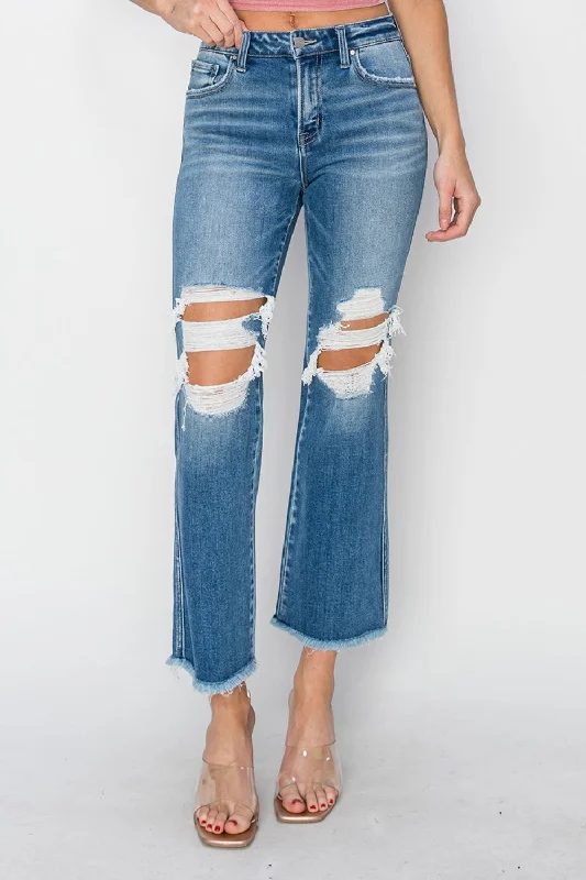 RISEN Mid Rise Distressed Cropped Flare Jeans Fashionable Relaxed Fit Denim