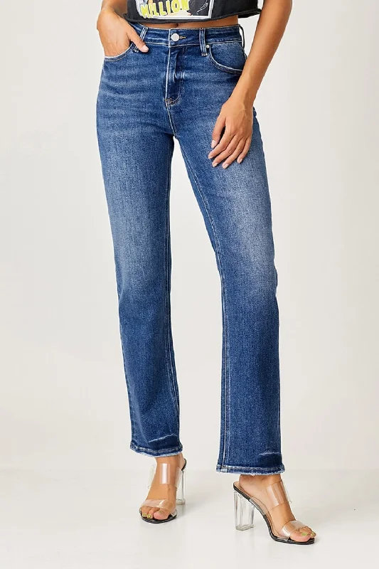 RISEN Mid Rise Slim Straight Jeans Fashionable Raw Edge Jeans