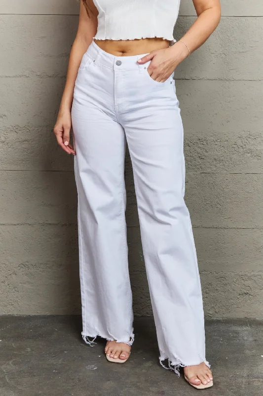 RISEN Raelene Full Size High Waist Wide Leg Jeans in White Stylish Shredded Denim Jeans
