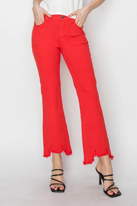 RISEN Raw Hem Bootcut Jeans with Pockets Elegant Tapered Leg Denim
